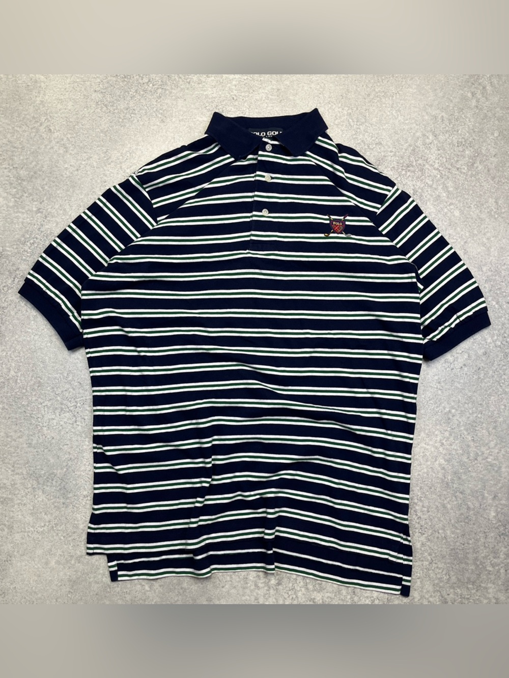Vintage Polo Golf Ralph Lauren Navy Blue Green White Stripes Short Sleeve Shirt